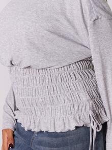 MUSERA Plus Long Sleeve Slash Neck Ruched Elasticated Waist Drop Shoulder Top . , Winter, Everyday, Cute - Light Grey - View 6