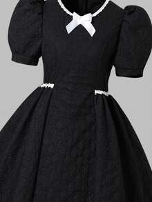 Girls' Solid Color Ruffle Bow Embroidered Bubble Dress,Soft & Comfortable,Summer Elegant Evening Party Black And White Puffy Sleeve Collared Dress - Black - View 7