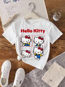 HELLO KITTY AND FRIENDS | SHEIN 少女休闲字母猫咪印花圆领短袖T恤，夏季 - 白色 - 查看 7