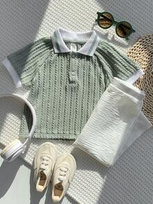 SHEIN 2pcs Baby Boy Summer Casual Denim And White Family Matching Green Polo Collar Short Sleeve Top And Elastic Waist Pants Set For Birthday Party Wedding - Multicolor - View 4