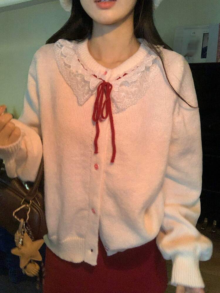 Women's Contrast Lace Ruffle Hem Long Sleeve Front Tie Knitted Cardigan