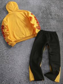 ROMWE MEN Street Life 男士字母和眼镜印花连帽卫衣和抽绳腰带运动裤休闲套装 - 黃色 - 查看 2