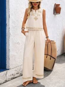 EMERY ROSE 女士V领无袖复古简约上衣和阔腿裤两件套 - 卡其色 - 查看 8