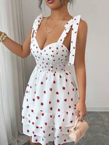 SHEIN Elenzya Đầm ngắn xòe dáng tiêu chuẩn, màu trắng in hình dâu tây, kiểu dáng thanh lịch, buộc dây, thích hợp cho các dịp thường ngày, hẹn hò, đi biển, tiệc hè và đám cưới. - trắng - Xem 6
