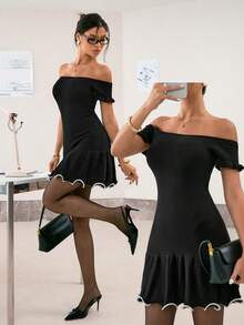 Ritzy Row Đầm mini dệt kim ôm sát gợi cảm, hở vai, phối đen trắng, viền bèo nhún, dành cho nữ, thích hợp cho mùa xuân/hè. - Đen và trắng - Xem 7