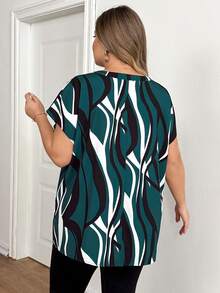 SHEIN CURVE+ Plus Size Women's Printed V-Neck Batwing Short Sleeve Casual Shirt Women Blouses Summer Tops Shirts - Multicolor - View 2