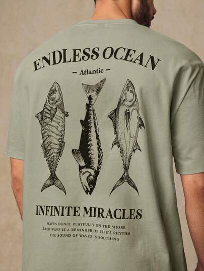 HIMLAND Camiseta de manga corta con cuello redondo, estampado gráfico de peces, holgada y de caída de hombros, para uso casual diario de hombres