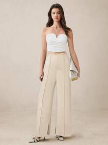 BizChic Pantalones de traje de mujer con diseño de pliegue frontal, cintura de encaje y bolsillos laterales, versátil para la oficina, ocasiones sociales y estilo Y2K, nueva colección primavera/verano en color albaricoque - Caqui - Ver 2