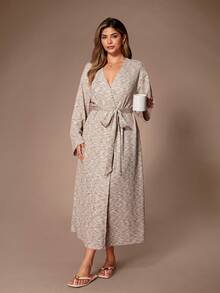 Lazeform Women's Long Sleeve Soft Jacquard Knit Belted Casual Robe, Autumn/Winter Gown And Robe Set Curve Robe - Khaki - View 6