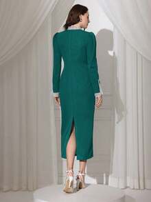 Modelyn Vestido de manga larga con ribete de contraste para mujer - Verde Oscuro - Ver 2