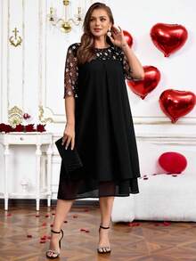 Miaspire 女式大码休闲宽松网眼拼布连衣裙 - 黑色 - 查看 1