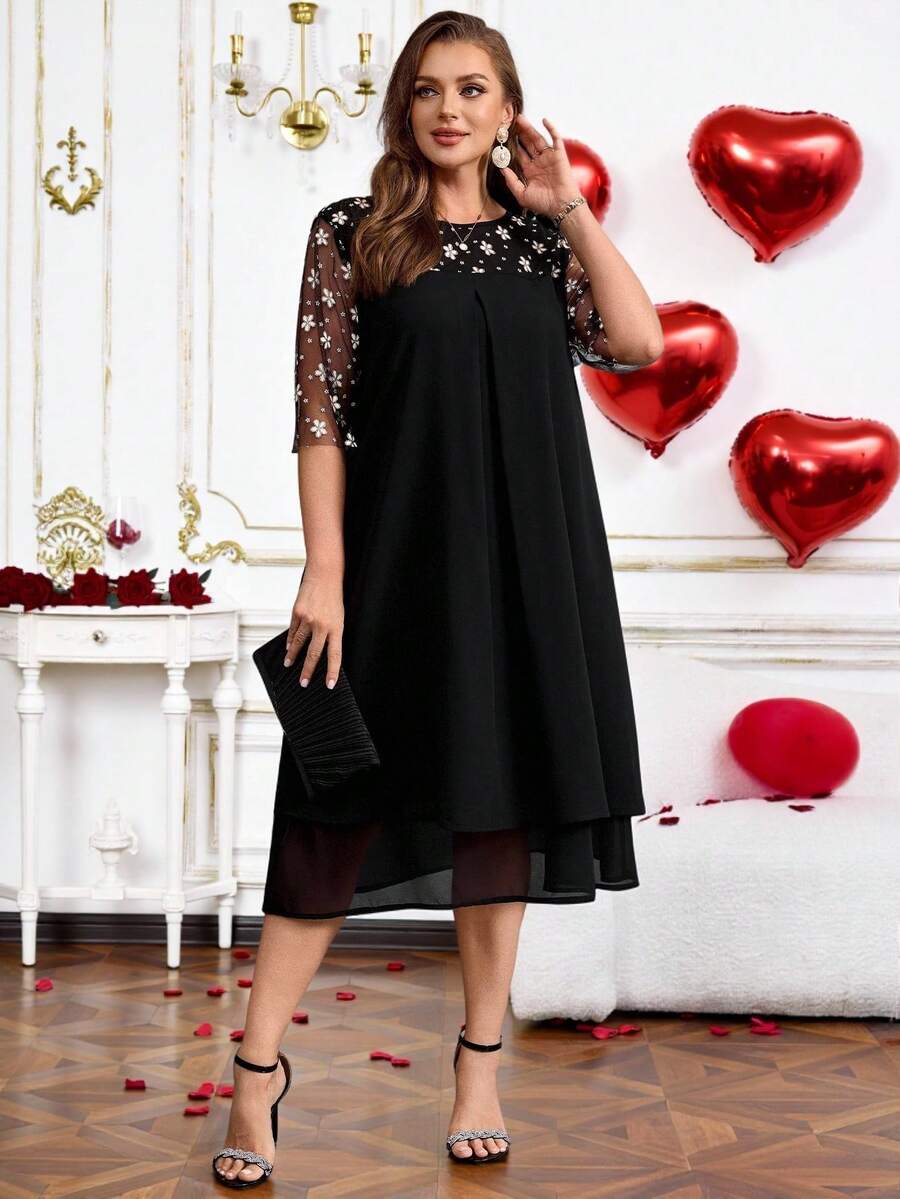 Miaspire 女式大码休闲宽松网眼拼布连衣裙 - 黑色 - 查看 1