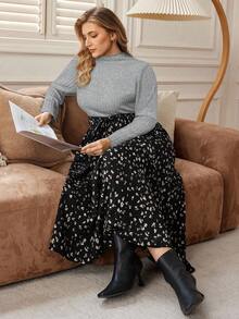 EMERY ROSE Plus Size Floral Print Patchwork Elegant Long Sleeve Dress/Summer/Spring/Vacation - Light Grey - View 1