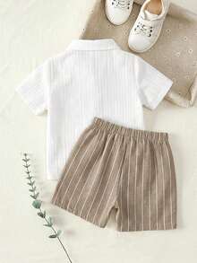 Cozy Pixies 2pcs Baby Boy Striped Collar Short Sleeve Cardigan Top And Solid Color Elastic Waist Shorts Set,Kids - Multicolor - View 2