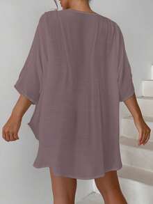 SHEIN Swim 宽松V领比基尼罩衫，莲藕粉色，夏季 - 藕粉色 - 查看 2