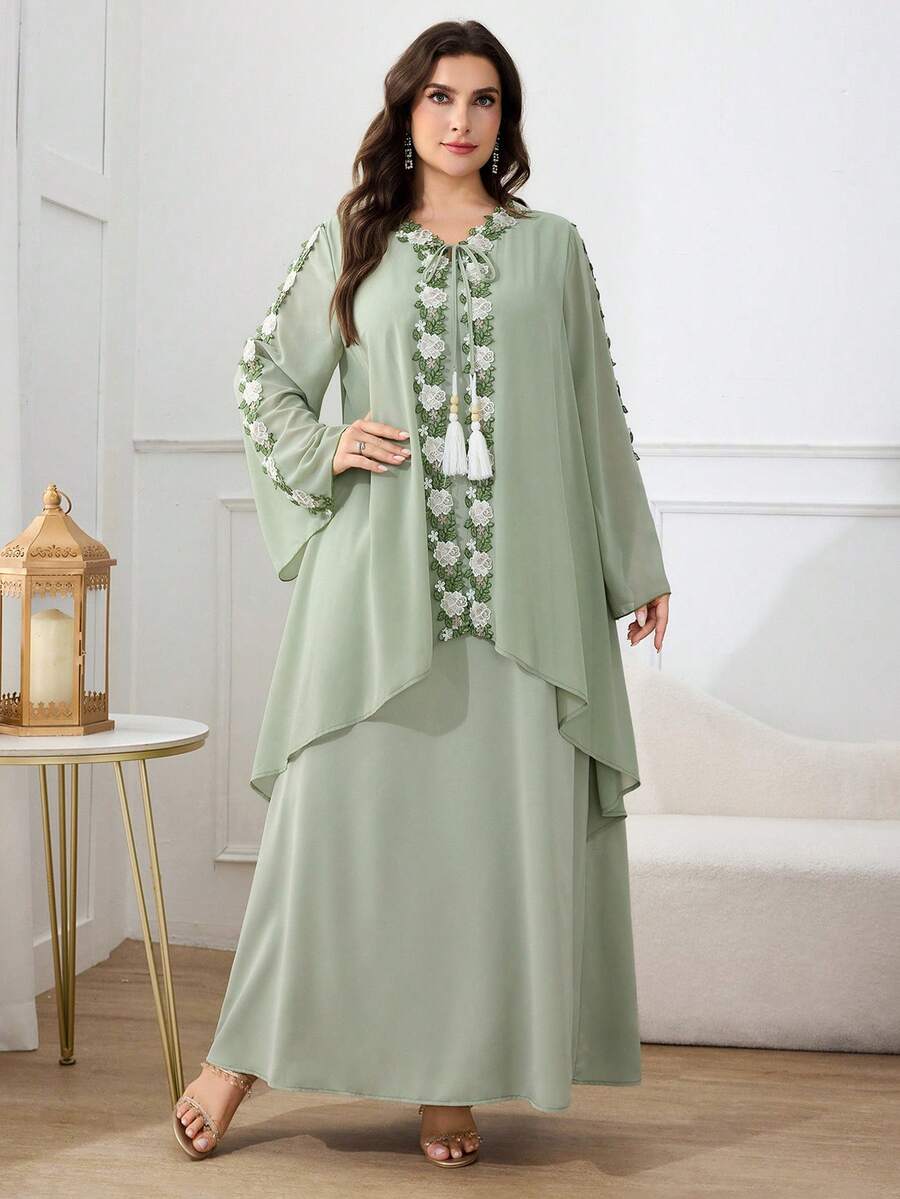 Al Najma Plus Size Women Floral Embroidery Drawstring Neck Casual Loose Party Flare Sleeve Arabic Style Dress