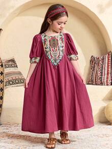 SHEIN Young Girl Purple Summer Party Al-Adha Dress,Floral Print Patchwork Jalabiya,Traditional Round Neck Puff Sleeve Arabian Robe,Mom & Daughter Kaftan - Red - View 2