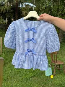 Tween Girls Casual Versatile Resort Floral Sweet Round Neck Puff Sleeve Open Front Bow Plaid Ruffle Hem Short Sleeve Blouse