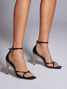 SHUZIA Women's Elegant Minimalist Round Toe Ankle Strap Stiletto Heel Sandals - Black - View 2