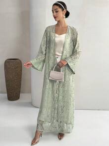 Yasmyna Women's Lace Bell Sleeve Loose Elegant Abaya Robe - Green - View 1