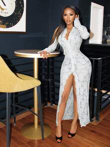 BamGleam 女士蕾丝拼接开衩设计优雅束腰派对连衣裙 - 白色 - 查看 3