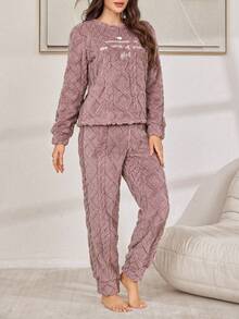 Lazeform Letter Embroidery Jacquard Fleece Ladies Fluffy Pajama Set, Fall Winter Clothes, Cozy Outfit