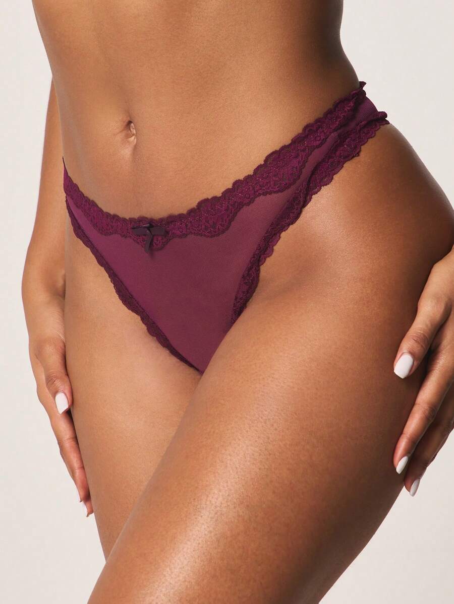 MISSGUIDED Lace Trimmed Mesh Hipster Briefs Intimate Lingerie With Decorative Bow Details For Special Occasions - Purple - View 1