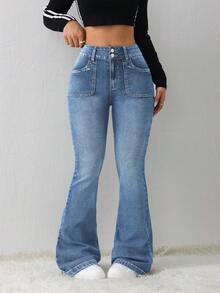 SHEIN Tall Quần jeans nữ dáng ôm, co giãn, ống loe. - Rửa nhẹ - Xem 5