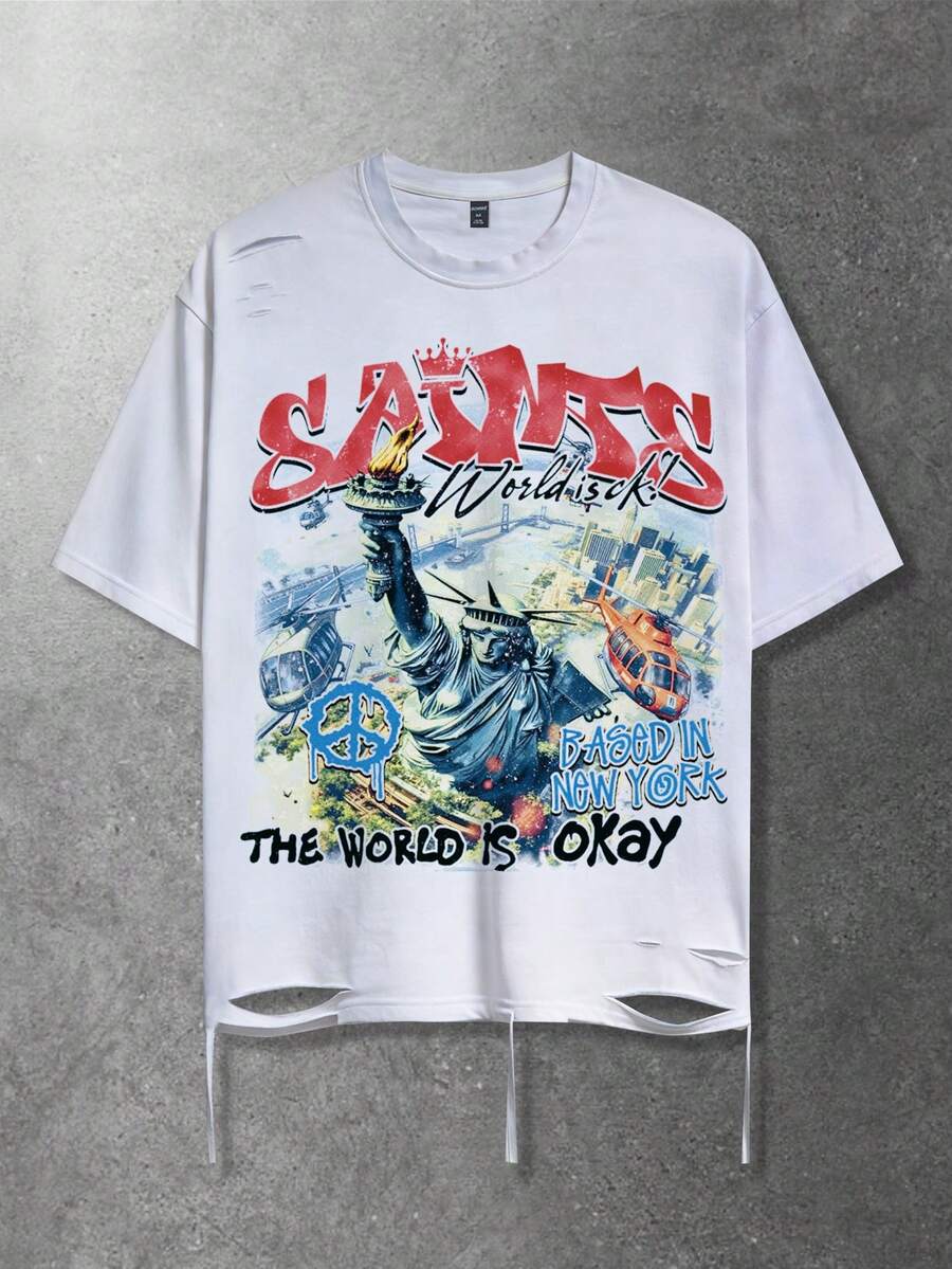 ROMWE MEN Street Life 男士休闲短袖T恤，做旧效果设计 - 白色 - 查看 1