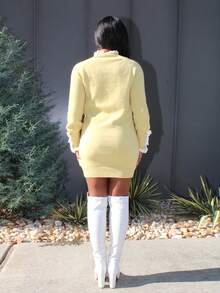 Steph T Vestido de color albaricoque con mangas largas, cuello de tripulación con cuerda retorcida y ribete de encaje, para otoño/invierno - Amarillo - Ver 5