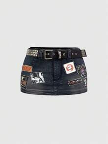 ROMWE EDITION Vintage Punk Embroidered Distressed Low Waist Tight Mini Denim Skirt - Blue - View 1