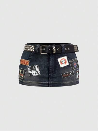 Grunge Punk Gonna di jeans mini aderente in vita bassa, vintage, punk, ricamata e consumata