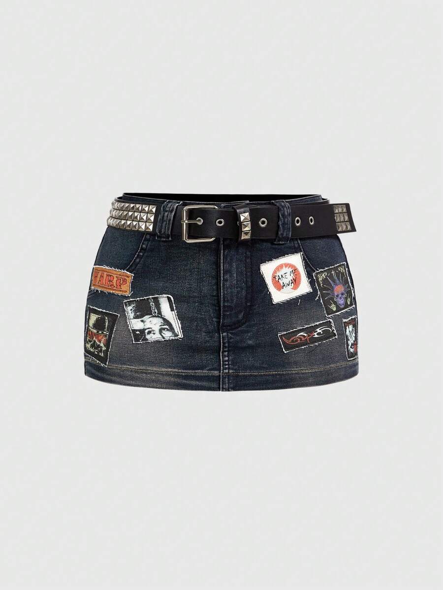 ROMWE EDITION Vintage Punk Embroidered Distressed Low Waist Tight Mini Denim Skirt - Blue - View 1