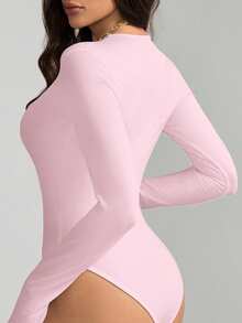 SHEIN Tall Plain Pink Round Neck Casual Bodysuit With Long Sleeves For Her - Pink - View 3