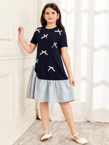 SHEIN Tween Girl Woven Solid Color Plaid Patchwork Cute Bow Decor Round Neck Short Sleeve Loose Dress, Blue Dress, Suitable For Travel, Daily Outing, Back To School - Royal Blue - View 7
