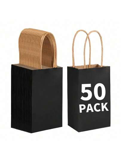 50pcs Black Kraft Paper Bags, Gift Bags, Shopping Bags, Food Bags, Takeout Bags, Suitable For Birthdays, Weddings, Party Gifts, Baking And Snack Packaging Bags, Can Be Hand-Painted DIY, Suitable For Parties, Holidays, Family Gatherings Gift Bags