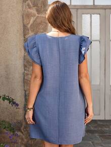 EMERY ROSE Plus Size Women Dusty Blue Round Neck Ruffle Sleeve Loose Casual Summer Dress,Boho Vacation Holiday Outfits,Solid Color Country Style Spring Clothing - Blue - View 2