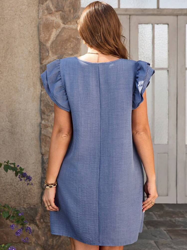 Plus Size Women Solid Color Round Neck Ruffle Sleeve Loose Casual Dress For Summer/ Vacation  Summer Dress  Summer Outfits Summer Clothes Spring Dress Spring Outfit Women Spring Clothing Country Style For Women Country Dress For Women Dusty Blue Women Dress Demin Dress For Curv Woman, Summer Dresses