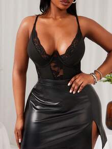 SHEIN SXY Plus Size Fashionable Sexy Lace Patchwork Backless Bodysuit,Suitable For Dates, Gatherings, Parties, Clubs, Nightlife Mesh Two Pieces Set Black Lace/Valentine's Day,Suitable For Banquet,Feast,Dinner Party,Prom,Ball,Urban,Versatile,Sexy Office Siren,Cruise Attire,Vintage,Festival,Concert,Carnival,Outing,Richly Layered,Holiday,Date Night,Gathering,Birthday,Bachelorette Party Outfit ,Cocktail,Formal Event - Black - View 6