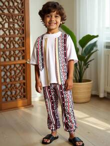 SHEIN 3pcs/Set Tween Boy Casual Vintage Geometric Print Vest, Short Sleeve T-Shirt And Pants Set, Spring/Summer - White - View 3