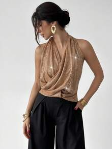 Firerie Top élégant et sexy pour femmes avec sequins dorés, dos nu. Idéal pour l'automne, l'hiver, Noël, les fêtes, le Nouvel An. Top pailleté, brillant, pour boîte de nuit, soirée d'entreprise. Débardeur - Doré - Voir 2