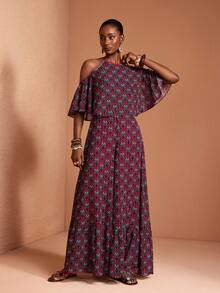 JIAN LASALA All-Over Print Chiffon Halter Neck Tie Off-Shoulder Ruffled Wide-Leg Women Casual Jumpsuit Beach Wedding Guest - Multicolor - View 4