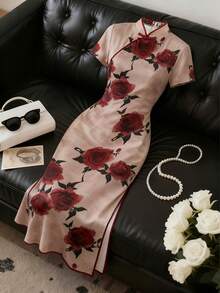 Franclia Women's Chinese Stylish And Versatile Party Outfit: Women's Long Red Sleeveless Stand-Collar Button-Down Dress , Elegant Fitted Red Maxi Gown For Banquet,Elegant Dresses For Women,Elegant Dress Women, Wedding Guest Dress For Women,Wedding Party Dress,Red Dress,Valentines Day Dress,Valentine Outfits For Women,Valentine Clothes Elegant Dresses For Party Birthday Dress For Holiday Dress Casual Dresses For Women Floral Dress Summer Dress Beach Dresses - Multicolor - View 4