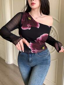 Modelyn Women's Black Solid Color Mesh Contrast Mesh Printed Asymmetric Ruched Plus Size T-Shirt One Shoulder Blouse Flower Print Top - Black - View 4