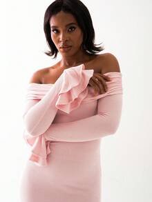 OverBlushhh Vestido midi suave y elegante de mujer con hombros descubiertos, mangas largas, volantes y busto fruncido, ideal para uso diario, citas, cumpleaños, graduación - Rosa Pálido - Ver 5