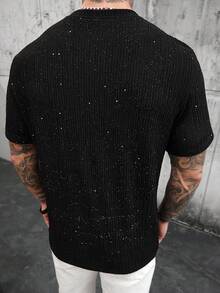 SLATEMANN Men's Comfortable Crinkle Fabric Glitter Short Sleeve Crew Neck T-Shirt,Casual Vacation Yamamoto Series Top For Party,Dining,Cocktail Party&Salon - Black - View 2
