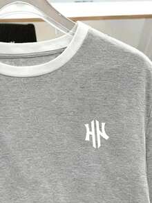 Manfinity Joysei Áo thun nam cỡ tiêu chuẩn, họa tiết hoa tối giản, cổ tay áo phối màu tương phản. - Xám - Xem 2