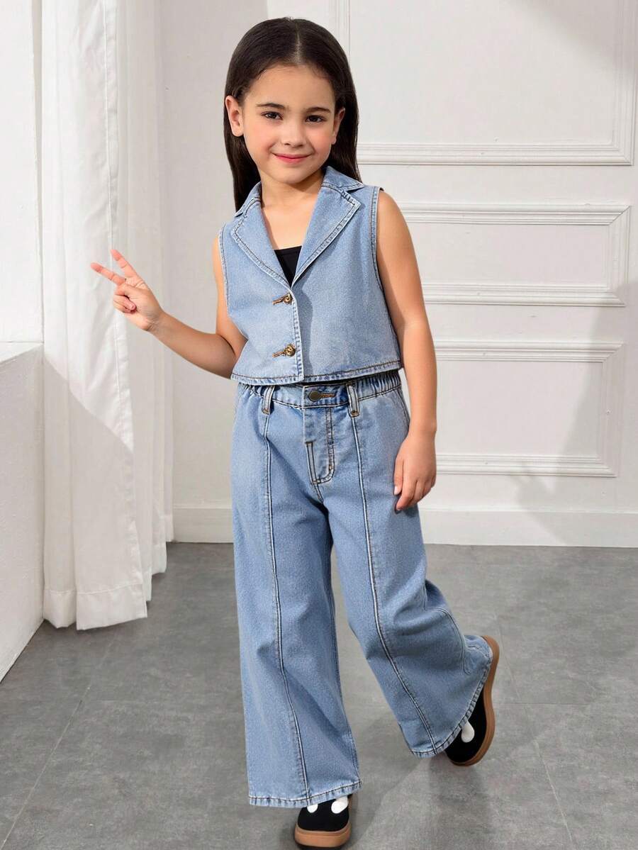 2pcs/Set Girls Denim Sleeveless Vest And Loose Fit Pants,Summer Outfits,Casual And Fashionable Vacation Outfits,Street Wear,2000s Style  ,Comfortable And Soft Denim Set - Light Wash - View 1