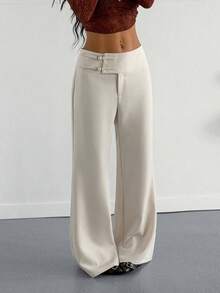 StreetHx Women's Solid Color Wide Waist Buckle Design Wide Leg Pants - Apricot - View 5