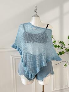 SHEIN EZwear Áo choàng poncho dệt kim mỏng nhẹ, xếp ly ở gấu áo, dành cho nữ cỡ lớn, thích hợp cho các buổi đi chơi và hẹn hò mùa hè. - Màu xanh lam - Xem 3